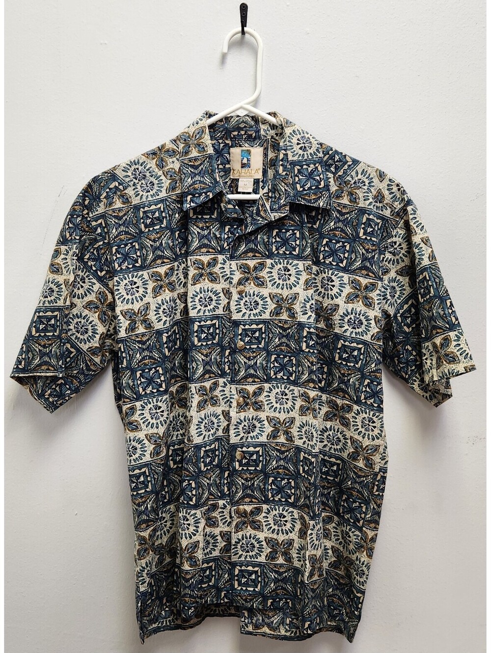Vintage Kahala Men's M Aloha Shirt Blue Geometric Block Print Cotton Hawaii M36
